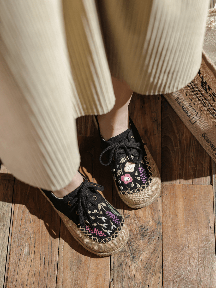 CACTUS ROSE | GARDEN EMBROIDERED LINEN ESPADRILLE SNEAKER - BLACK