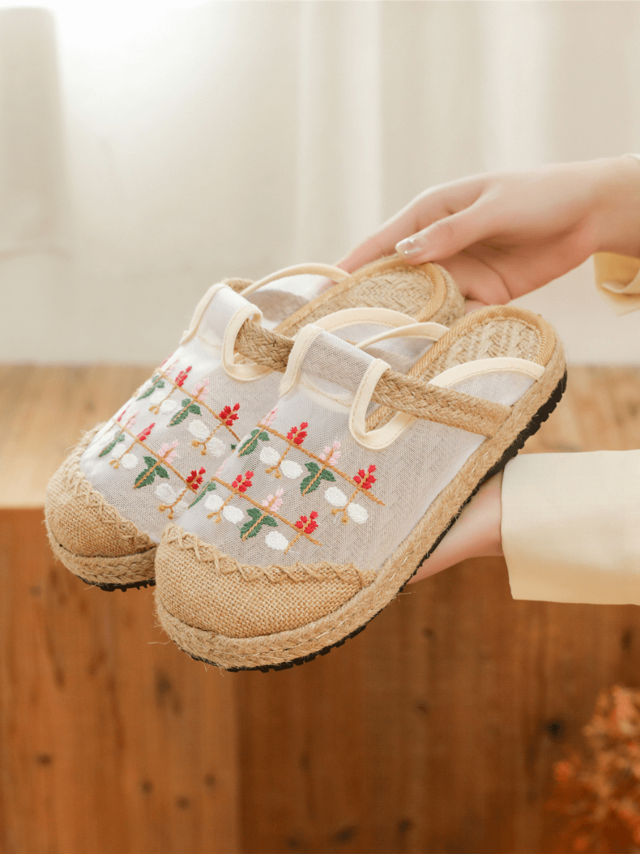 CACTUS ROSE | EMBROIDERED BLOSSOM MESH LINEN UPPER MULE