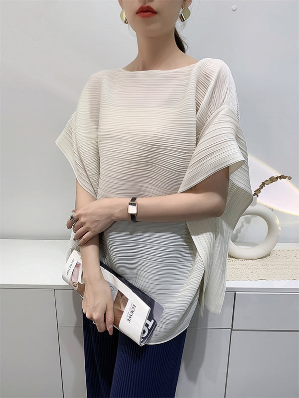 Batwing Sleeves Loose Pleated Solid Color Round-Neck T-Shirts Tops