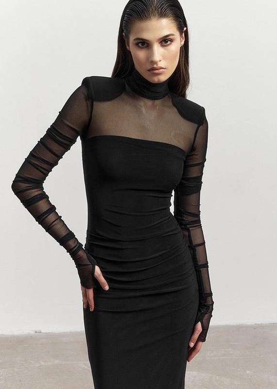 Mesh Stitching Finger Fit Design Long Sleeve Turtleneck Slim-fit Sheath Dress