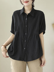 Half Sleeves Loose Pleated Solid Color Split-Joint Lapel Blouses&Shirts Tops