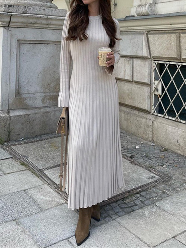 Flared Sleeves Skinny Pleated Solid Color Maxi Sweater Dresses