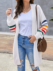 Long Sleeves Loose Colorful Contrast Color Striped Collarless Cardigan Tops