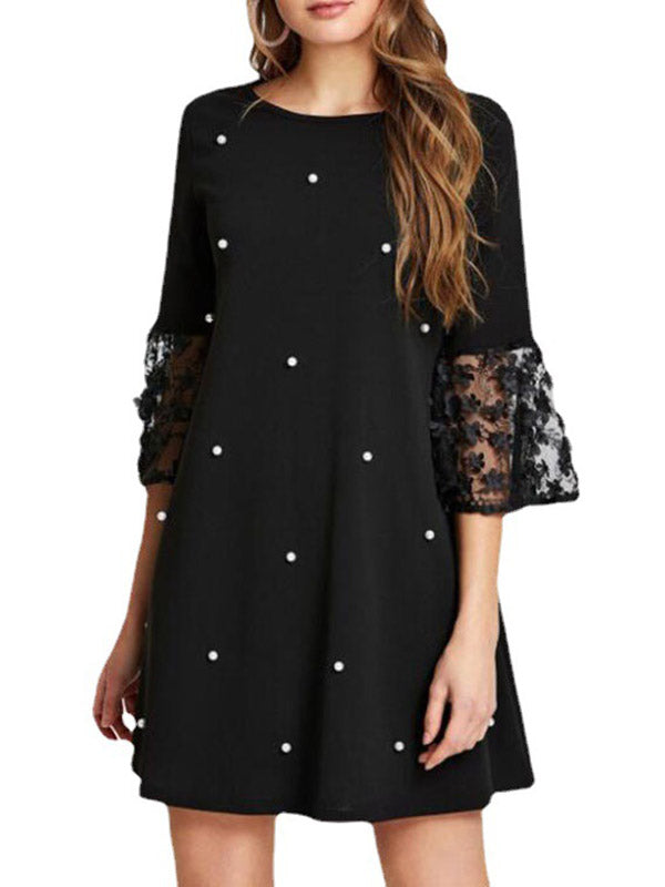 A-Line Loose Mesh Polka-Dot Split-Joint Three-Dimensional Flower Round-Neck Mini Dresses