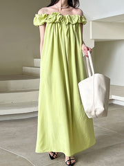 Loose Sleeveless Elasticity Pleated Solid Color Split-Joint Off-The-Shoulder Maxi Dresses