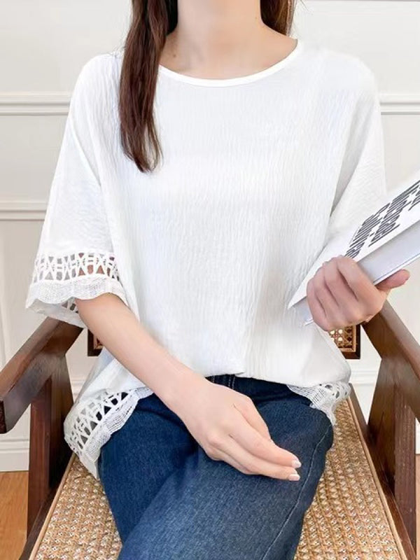 Flared Sleeves Half Sleeves Hollow Solid Color Round-Neck T-Shirts Tops