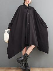 A-Line High-Low Asymmetric Buttoned Pockets Solid Color Lapel Midi Dresses Shirt Dress