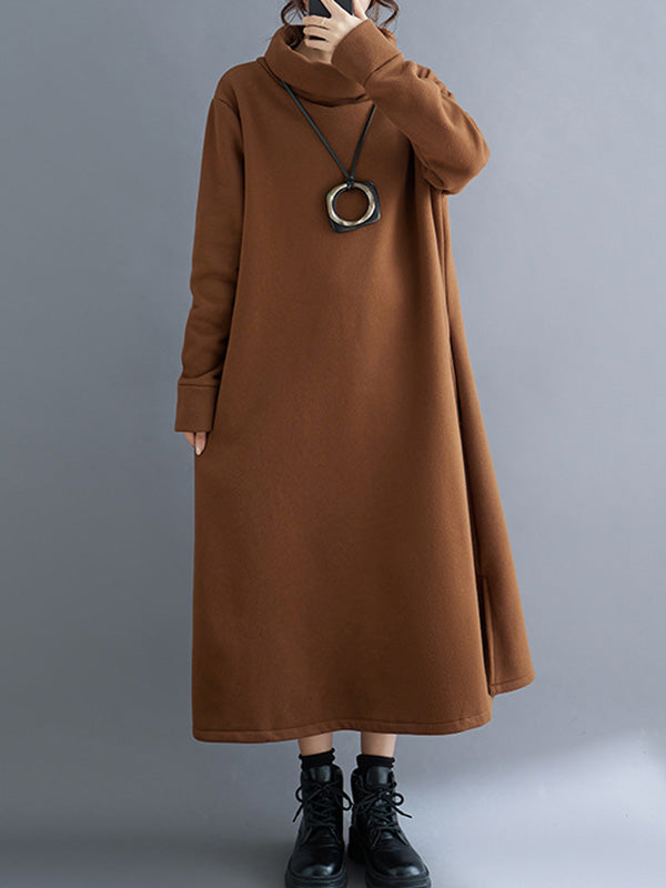 A-Line Long Sleeves Pockets Solid Color Split-Side Velvet High Neck Midi Dresses