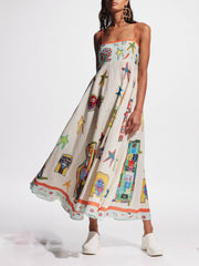 Unique Graffiti Print Suspenders Long Swing Midi Dress