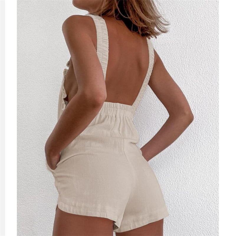 Solid Color Backless Strap Pocket Shorts