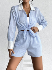 Long Sleeves Loose Buttoned Split-Joint Striped Lapel Blouses Top + Elasticity Shorts Bottom Two Pieces Set