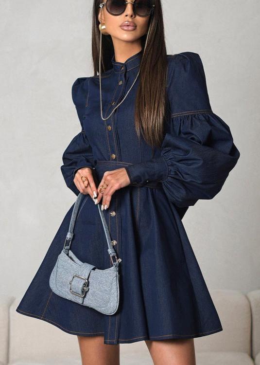 Chic Denim Lantern Sleeve Dress