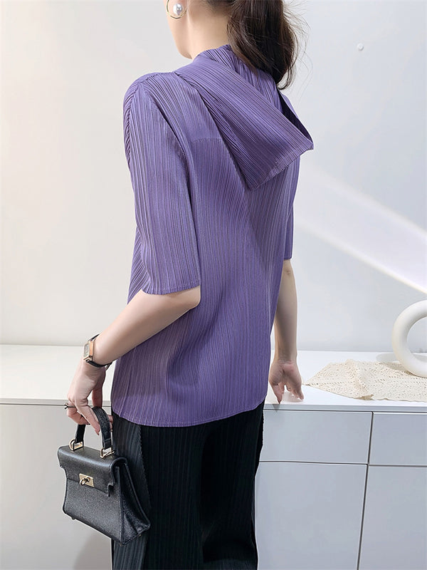 Half Sleeves Hooded Pleated Solid Color Mock Neck T-Shirts Tops