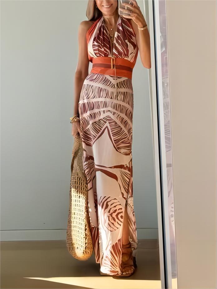 Satin Exquisite Hand-Painted Print Leaf Slit Midi Dress