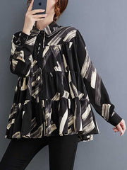 Long Sleeves Loose Pleated Printed Split-Joint Lapel Blouses