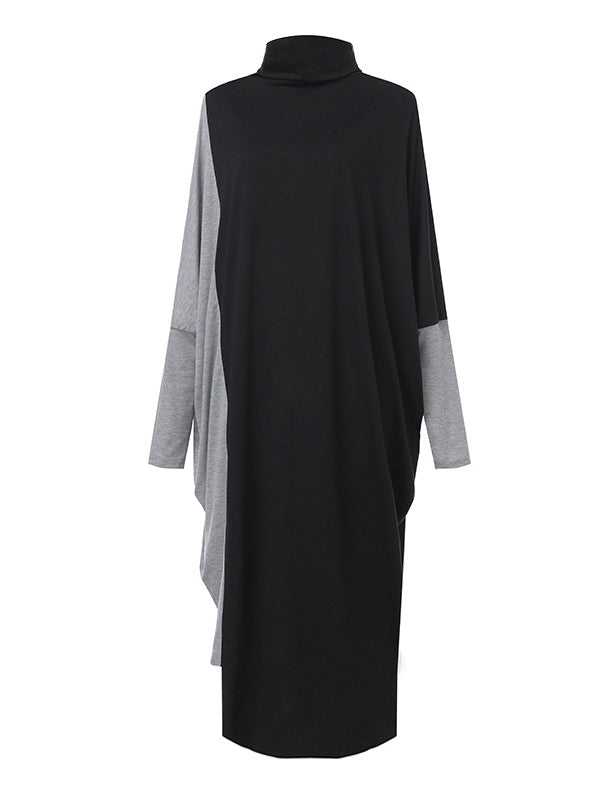 Casual Loose Split-Joint Contrast Color High-Neck Long Sleeves Dress