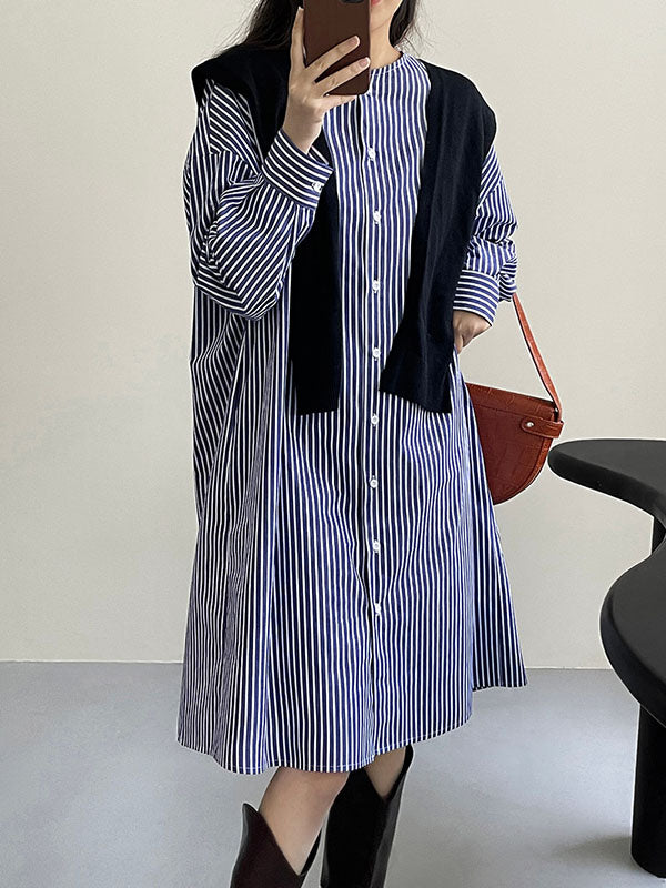 Long Sleeves Loose Striped Round-Neck Midi Dresses Shirt Dress