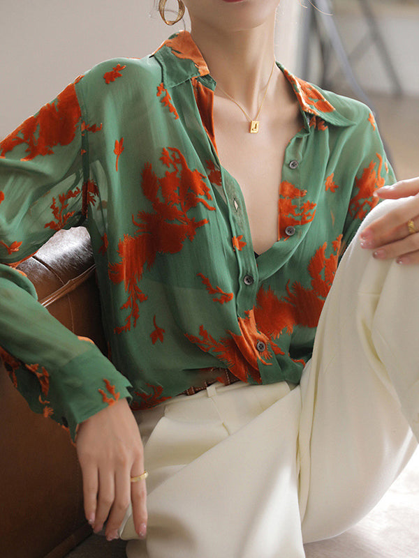 Long Sleeves Printed See-Through Lapel Blouses&Shirts Tops