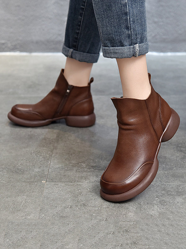 Round-Toe Solid Color Zipper Boots