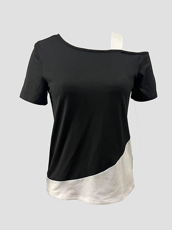 Loose Short Sleeves Asymmetric Contrast Color Split-Joint Cold Shoulder T-Shirts Tops