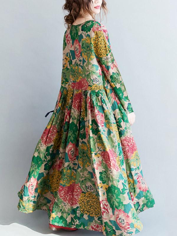 National Style Flower Printed Long Dress