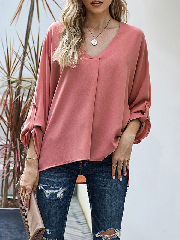 High-Low Loose Buttoned Solid Color V-Neck T-Shirts Tops