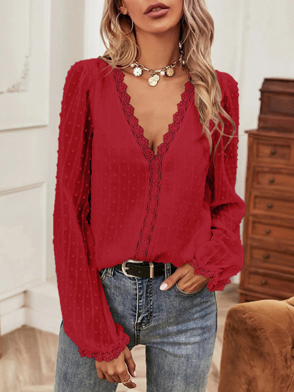 Flared Sleeves Long Sleeves Elasticity Embroidered Solid Color Split-Joint V-neck T-Shirts Tops