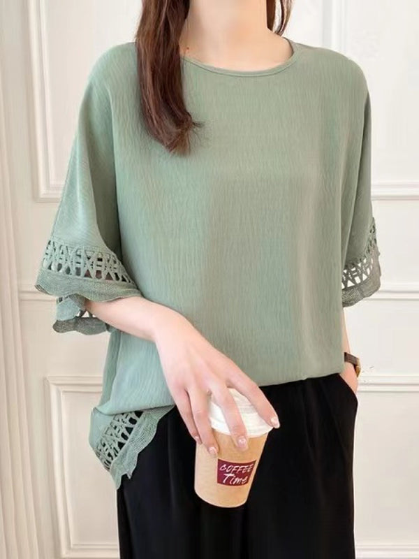 Flared Sleeves Half Sleeves Hollow Solid Color Round-Neck T-Shirts Tops