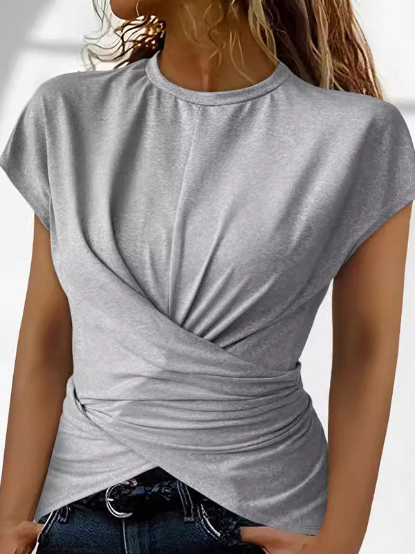 Raglan Sleeve Skinny Buttoned Knot Pleated Solid Color Round-Neck T-Shirts Tops