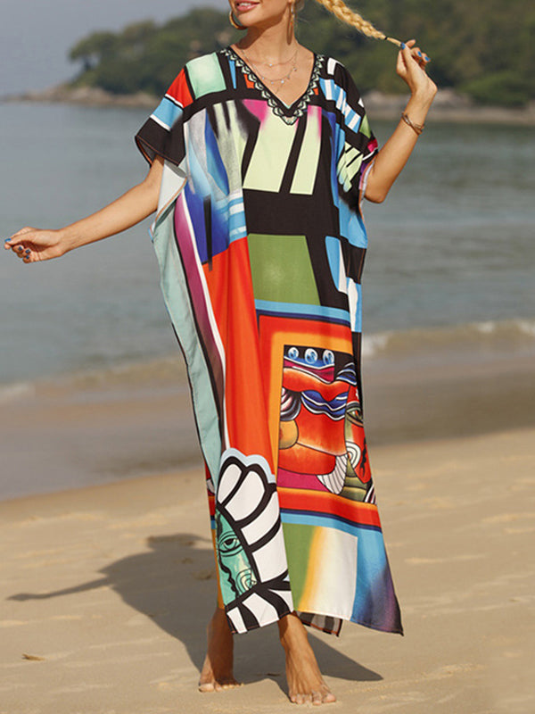 Batwing Sleeves Loose Printed Split-Joint Split-Side V-Neck Maxi Dresses