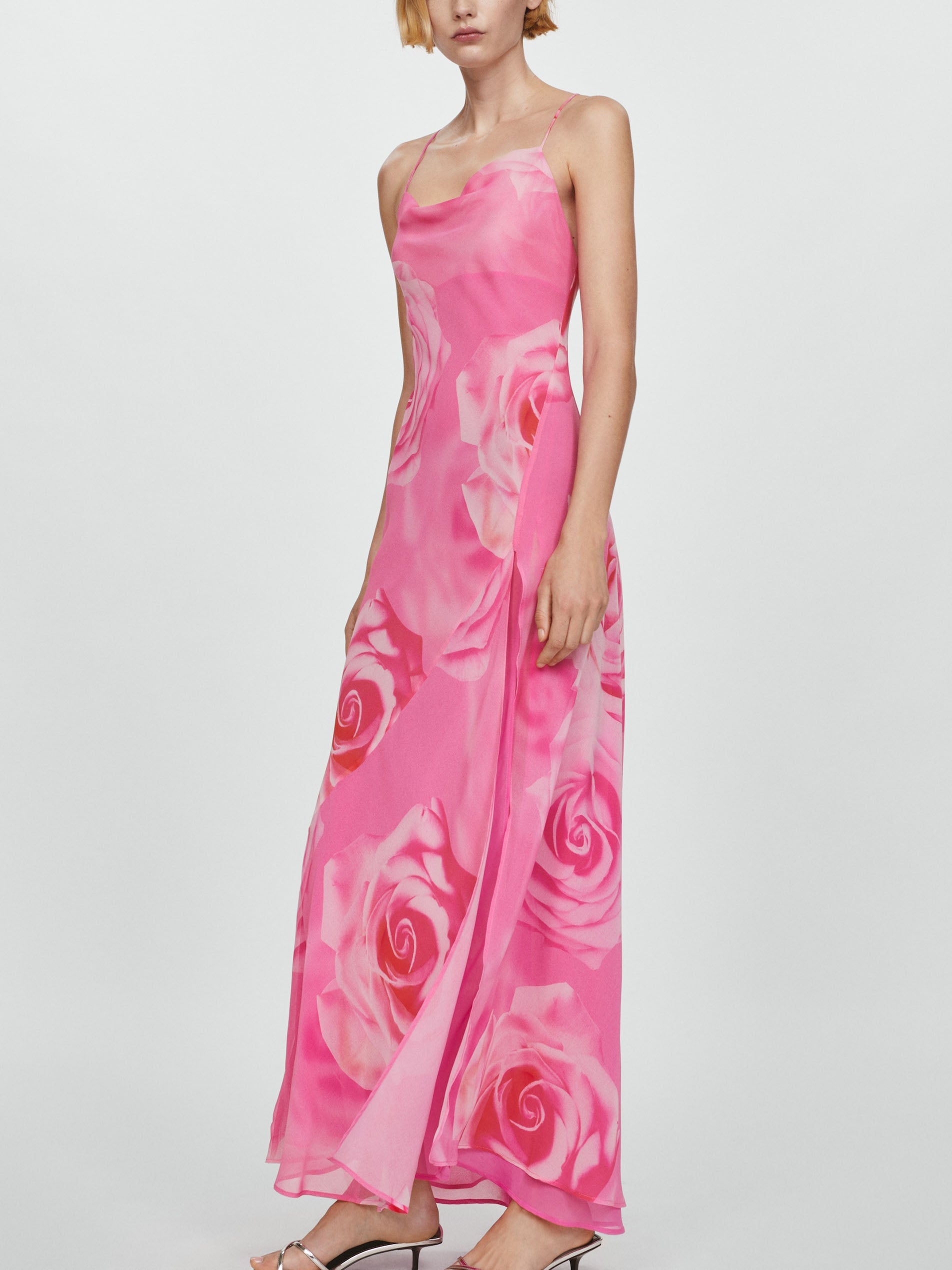 Delicate Rose Floral Print Slit Maxi Dress