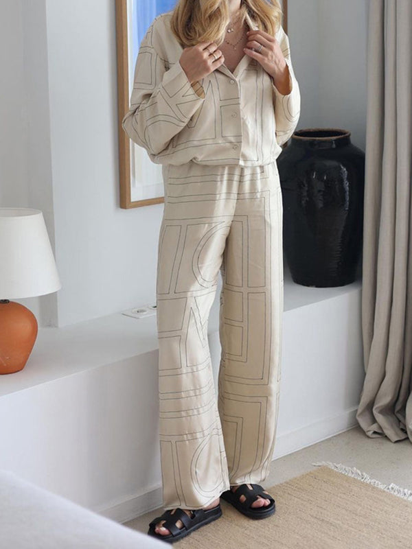 Long Sleeves Loose Buttoned Printed Split-Joint Notched Collar Blouses Tops + Elasticity Pants Bottom Two Pieces Set