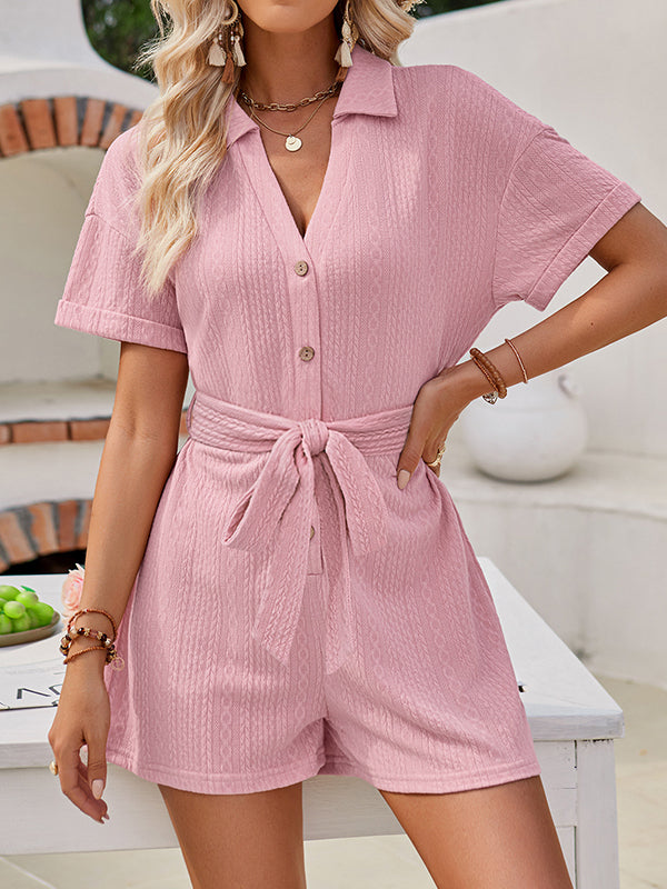 Loose Short Sleeves Buttoned Jacquard Solid Color Tied Waist Lapel Rompers