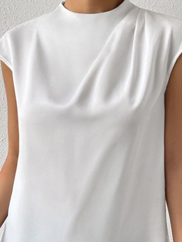 Loose Sleeveless Hollow Pleated Solid Color Mock Neck T-Shirts Tops