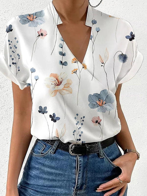 Loose Short Sleeves Floral Printed Split-Joint Stand Collar Blouses&Shirts Tops