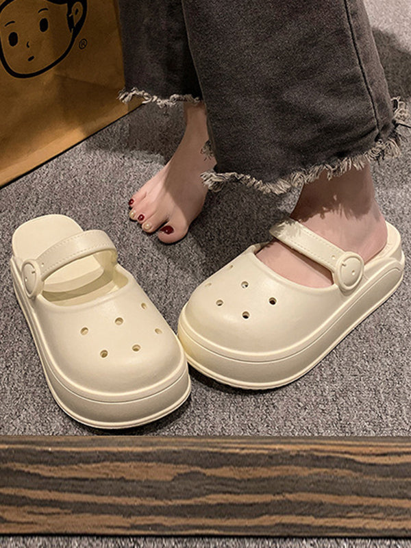 Hollow Round-Toe Solid Color Sandals Slippers