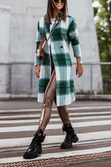 Women's Mid Length Double Breasted Plaid Print Woolen Coat