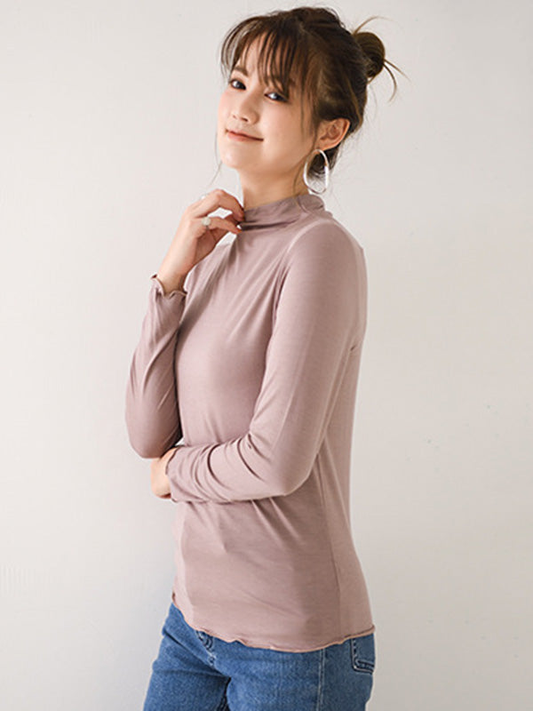 10 Colors Simple Solid Color Long Sleeves High-Neck T-Shirt Top