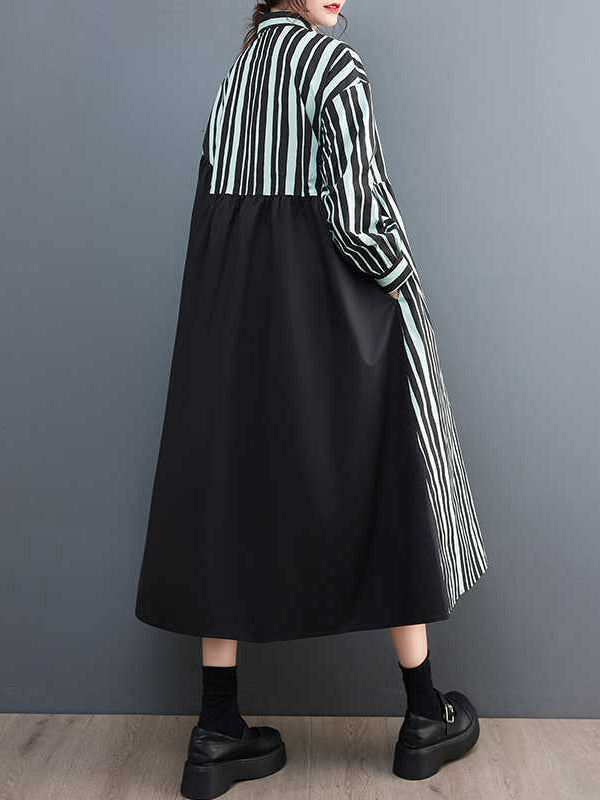 Long Sleeves Loose Buttoned Split-Joint Striped Mock Neck Midi Dresses