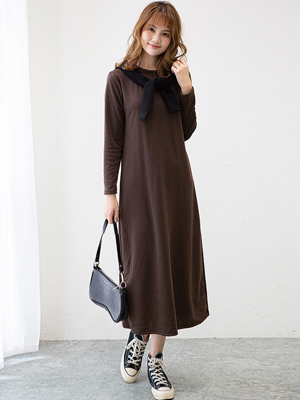 Simple Solid Color Round-Neck A-Line Midi Dress