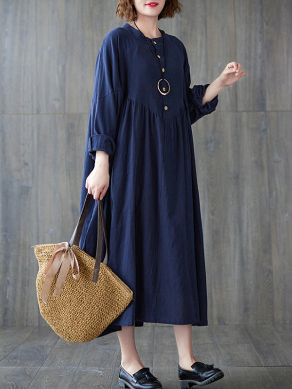 Loose Puff Sleeves Pleated Solid Color Stand Collar Midi Dresses