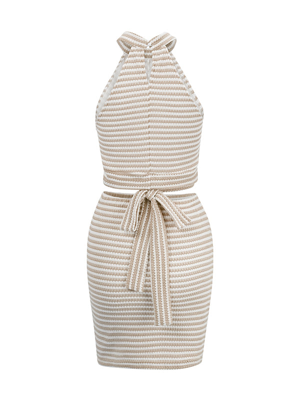 Bodycon Sleeveless Split-Joint Striped Tied Waist Halter-Neck Vest Top + Skirts Bottom Two Pieces Set