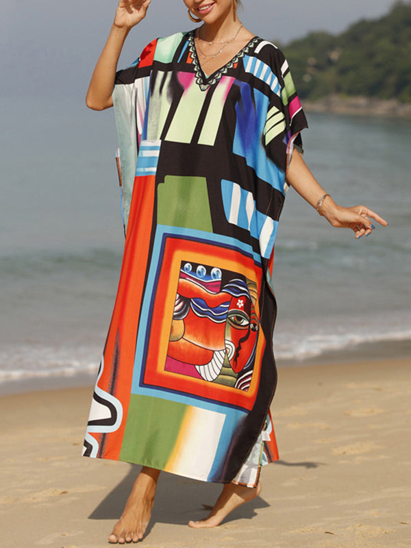 Batwing Sleeves Loose Printed Split-Joint Split-Side V-Neck Maxi Dresses