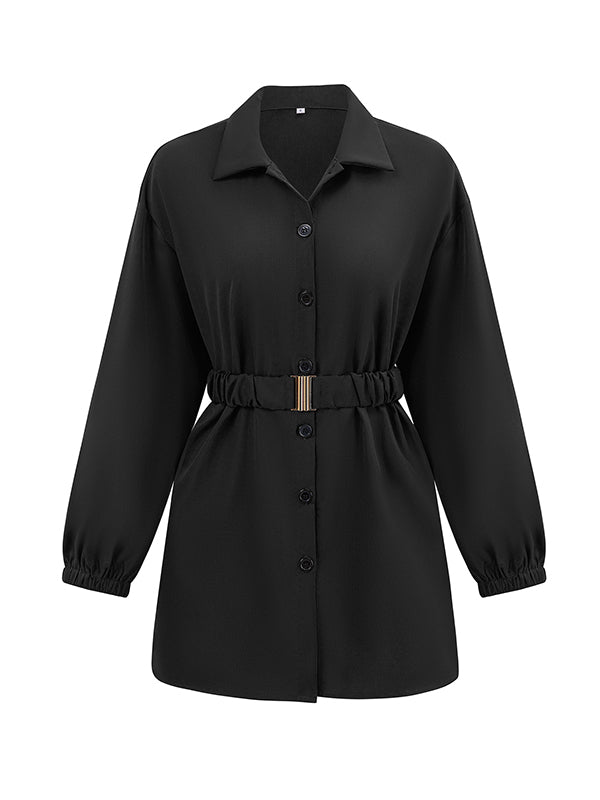 Loose Belted Solid Color Lapel Blouses&shirts Tops Shirts Tops