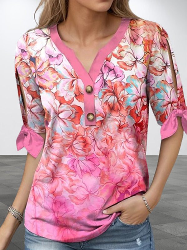 Half Sleeves Loose Buttoned Flower Print Tied V-Neck T-Shirts Tops