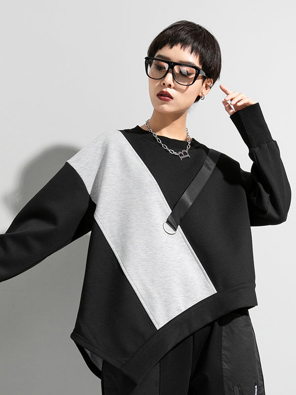 Stylish Black&Gray Asymmetric Contrast Color Long Sleeves Round-Neck T-Shirt