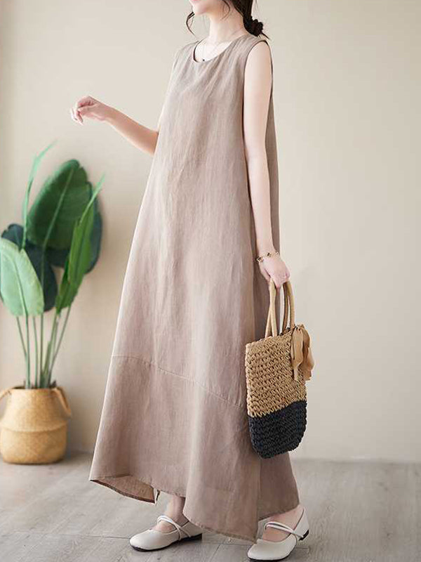 A-Line Loose Solid Color Round-Neck Midi Dresses