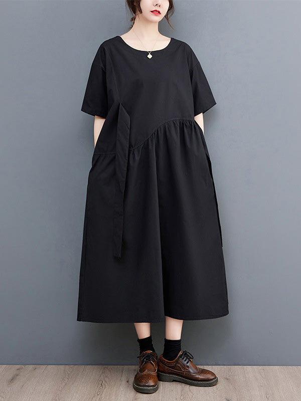 Casual Half Sleeves Loose Solid Color Round-Neck Midi Dresses