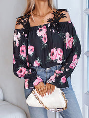 Flared Sleeves Loose Elastics Floral Printed Hollow Cold Shoulder Blouses