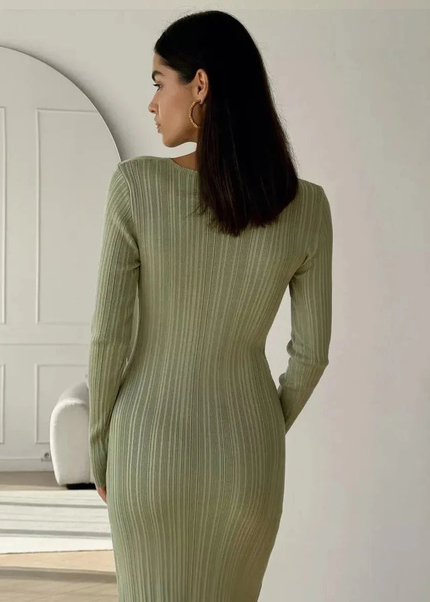 Elegant Ribbed Knit Long Sleeve Dress